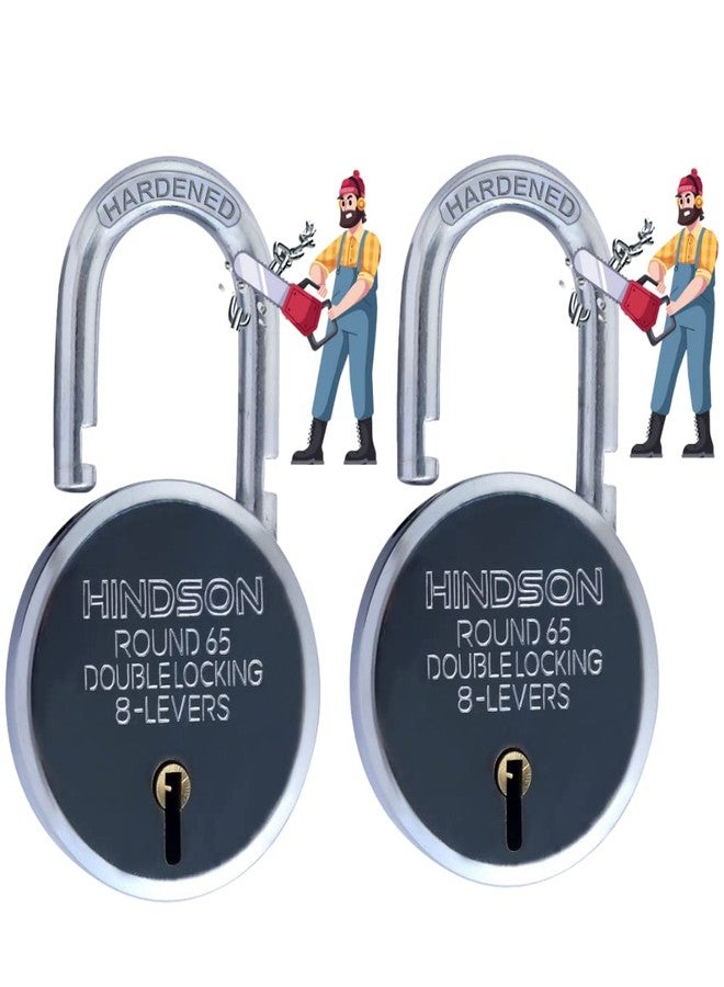 Hindson Heavy Duty Round 65mm Padlock with 3 Keys | Steel Double Locking | 8 Lever Security Lock for Door, Gate, Shutter | Silver Finish, Keyed Alike (Pack of 2) - Commercial and Residential Use - Image 1